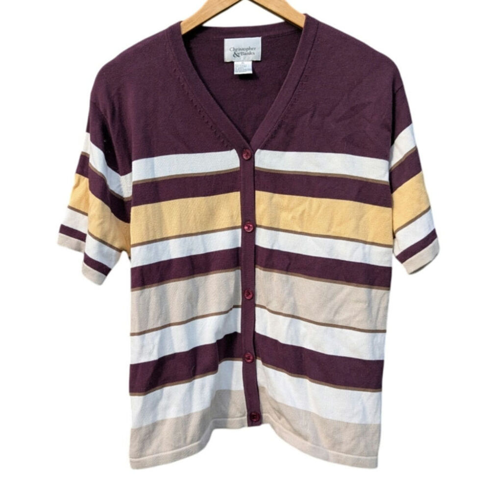 Vintage Short Sleeve v neck button front sweater striped 90s Preppy casual XL